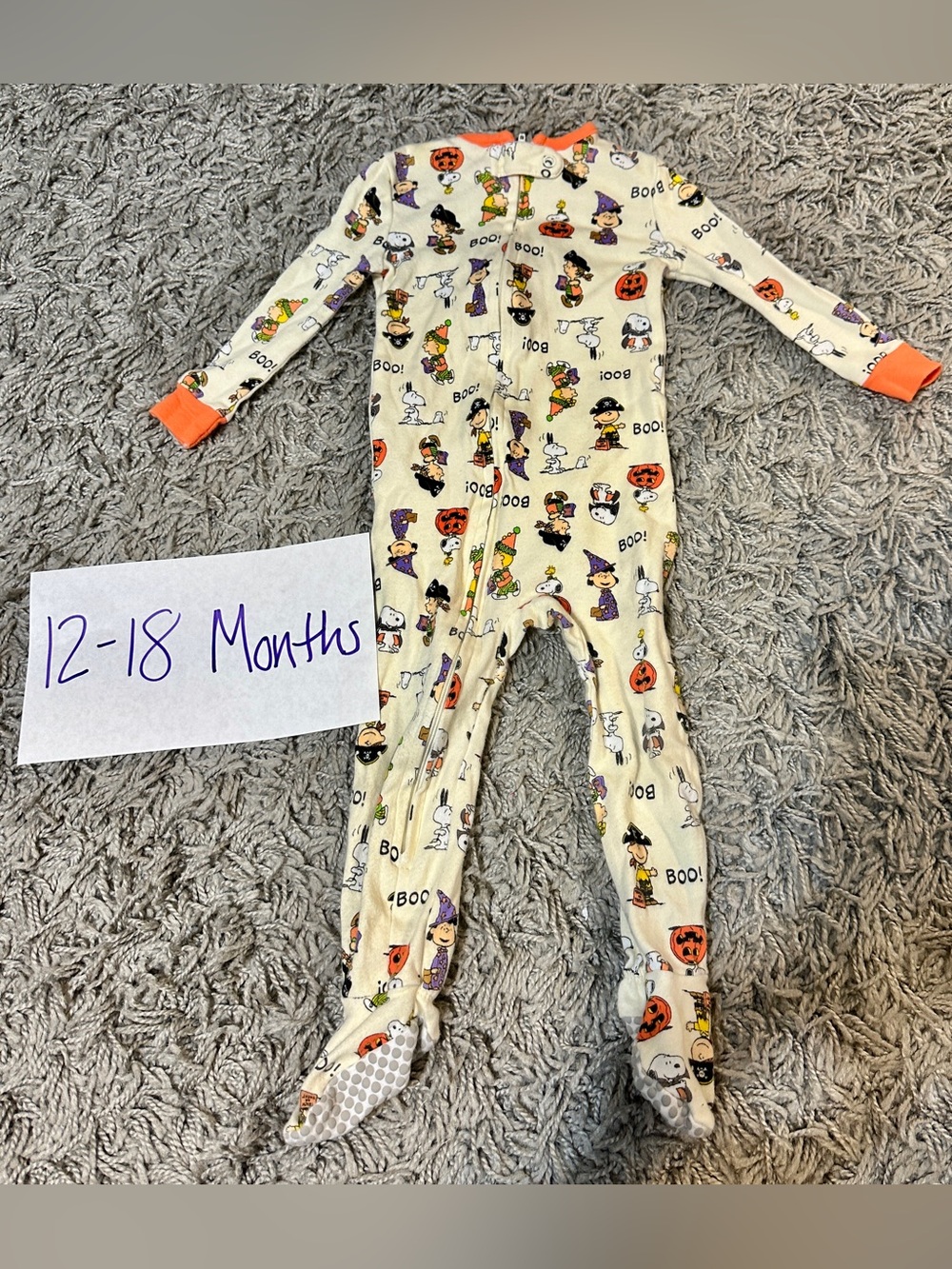 Peanuts Cream Halloween Print Footed One-Piece with Orange Trim